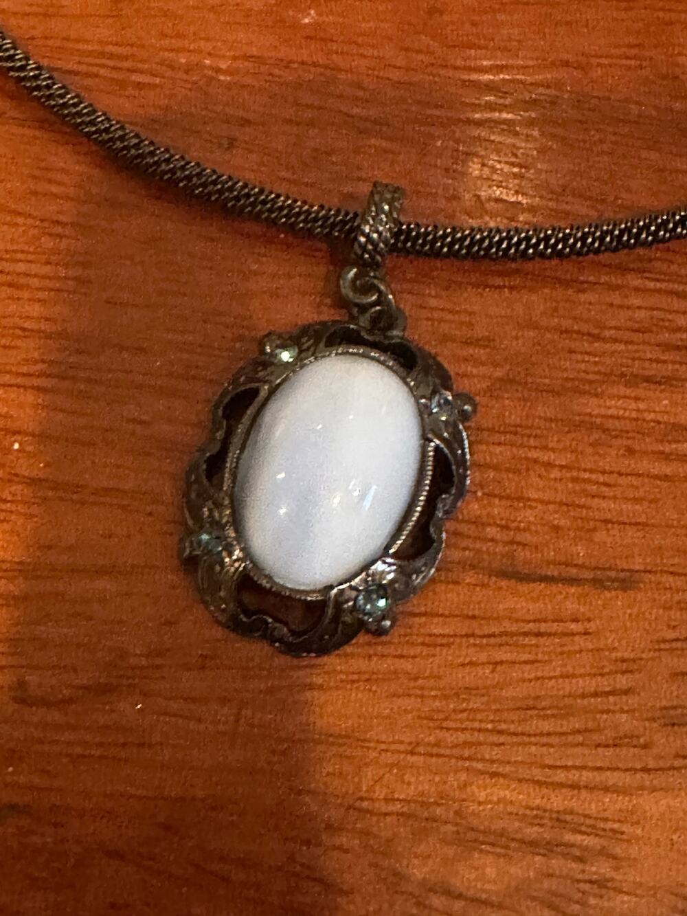 1928 Western Victorian Feminine Necklace Blue Cabachon Gunmetal Jewelry